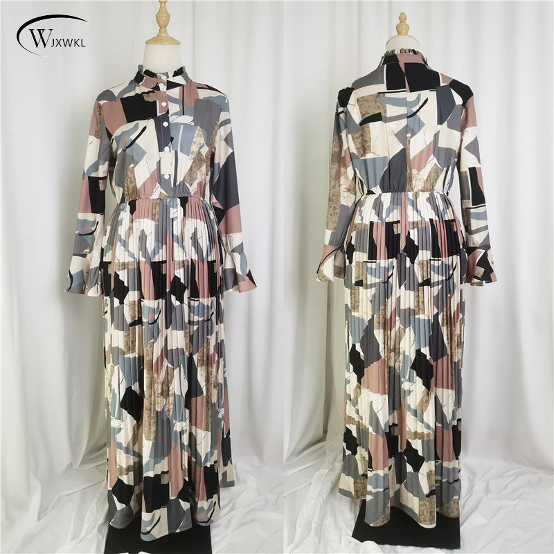 M157 Long Sleeve Maxi Dresses Muslim Wedding Dress Print - Tonight Store