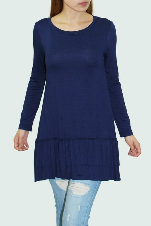 Long Sleeve Pleated Bottom Tunic Navy Color - Tonight Store