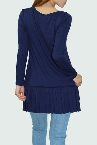 Long Sleeve Pleated Bottom Tunic Navy Color - Tonight Store