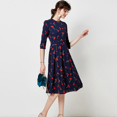 Vintage O Neck Casual A Line Cherry Print Dress