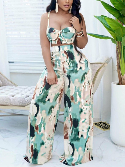 Two Piece Tie Dye Printed Suits Spaghetti Strap Crop Top Leg Loose - Tonights Makeup